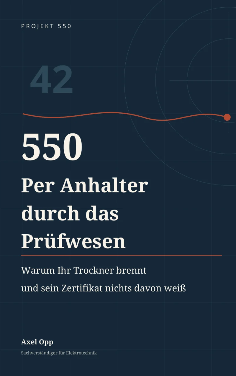 Couverture de la version de lecture : titre « Per Anhalter durch das Prüfwesen » sur fond sombre.
